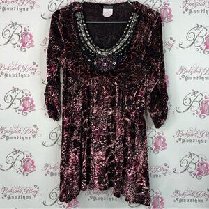Clientele dress/top soft velvet Elegant Pink and Black Embellished Women's Top